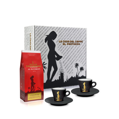 CONFEZIONE REGALO<br/> 2 TAZZINE DA CAFFE'+ REGINA DEI CAFFE' 250 GR.
